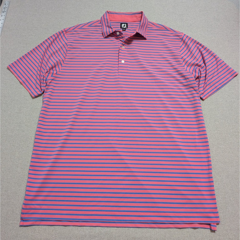 FootJoy Polo Shirt Men's 2XL Coral Blue Stripe Performance Golf Summer